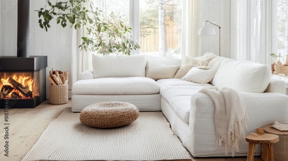 Fototapeta premium Cozy white corner sofa positioned near a fireplace in a Scandinavian-inspired living room with soft, neutral colors and natural materials
