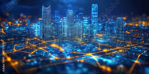Illuminated Cityscape in 3D Digital Rendering