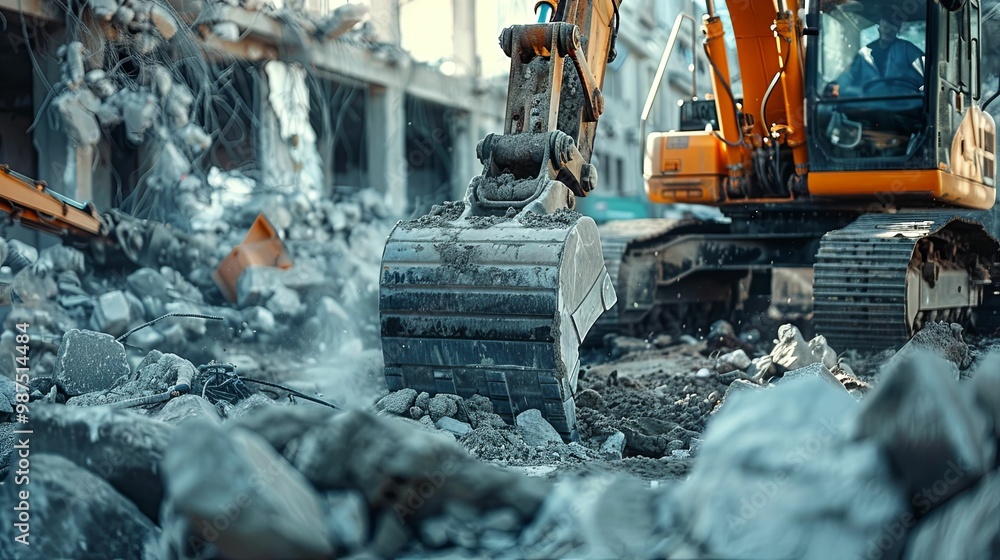 Excavator Arm and Bucket Demolishing Concrete Debris Excavator Arm and Bucket Demolishing Concrete Debris