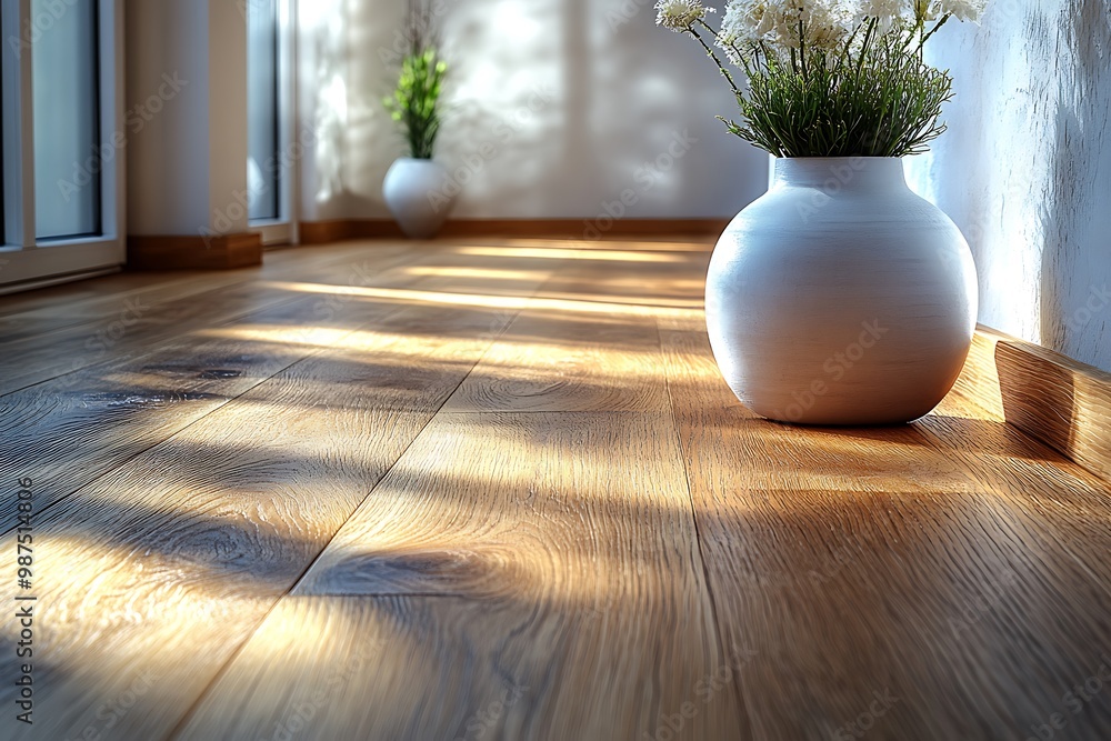 Sunlight streams across a hardwood floor, illuminating a white vase. Sunlight streams across a hardwood floor, illuminating a white vase.