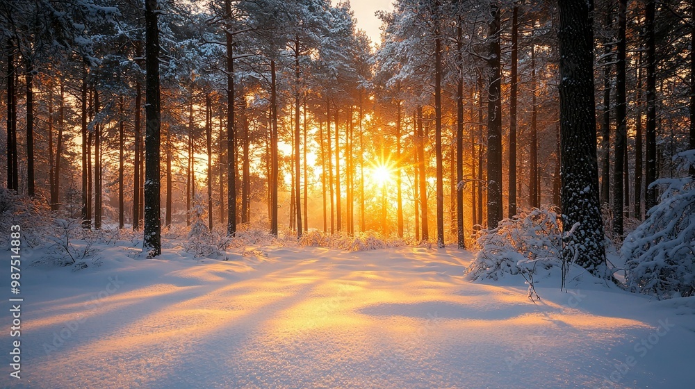 Sun shines through trees in snowy forest Snow on ground, trees in foreground Sun shines through trees in snowy forest Snow on ground, trees in foreground