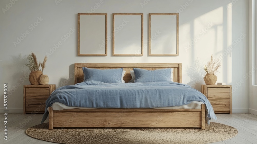 Farmhouse-style bedroom with a wooden bed, blue pillows, bedside cabinets, and three minimalist framed posters. Farmhouse-style bedroom with a wooden bed, blue pillows, bedside cabinets, and three minimalist framed posters.