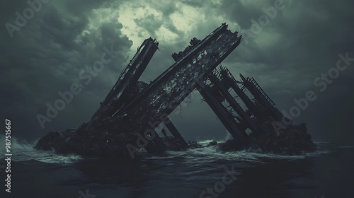 Symbolic Depiction of a Collapsed Bridge in Graphic Design with Bold Lines and Dark Tones