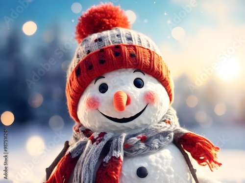 Winter holiday christmas background banner - Closeup of cute funny laughing snowman with wool hat and scarf, on snowy snow snowscape with bokeh lights, illuminated by the sun