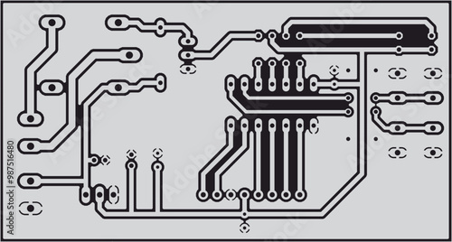 Electric background. Vector pcb pattern. 
Printed circuit board of electronic 
device with
conductors and contact pads placed on it. 
Engineering computer technic drawing. 