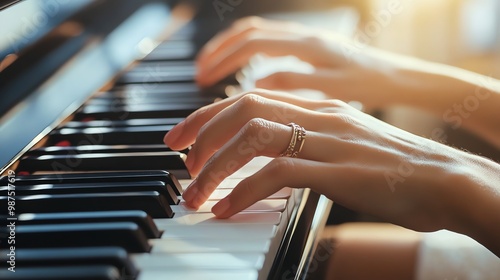 Close-up of a woman's hands playing a piano.