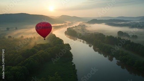 Hot Air Balloon Soaring Over a Misty River Valley photo