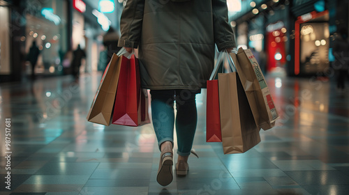 Rear view of a woman walking with shopping bags at the mall. Concept of consumerism, shopping, retail therapy, and lifestyle