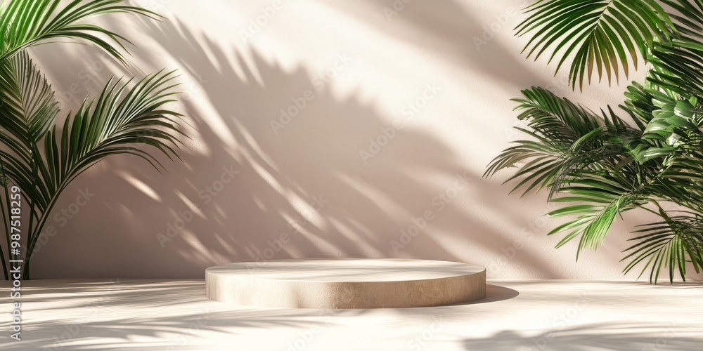 Serene 3D Podium with Palm Leaves and Shadows Serene 3D Podium with Palm Leaves and Shadows