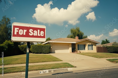 Suburban house on sale with sign upfront photo