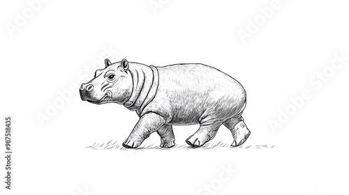 Minimalist Baby Pygmy Hippo Outline Walking on White Background