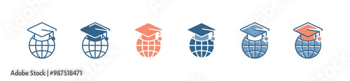 global education graduate cap icon set earth globe international university school academy graduation vector illustration for web and app