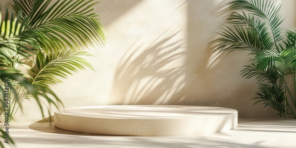 Beige Podium with Palm Leaves in Soft Lighting Beige Podium with Palm Leaves in Soft Lighting