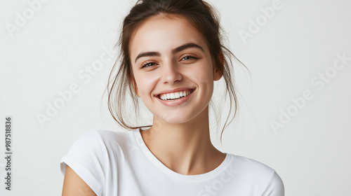 An average 20 year old woman from Croatia, she is wearing a white t-shirt, white clean background