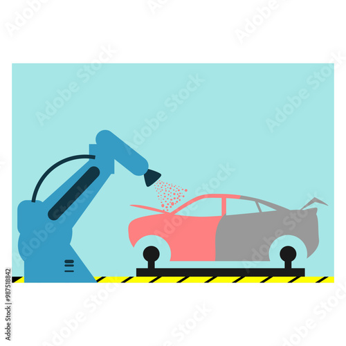 car painting process. car manufacturing industry. painting with robots. industry 4.0. spray booth. car factory. work. flat style simple vector illustration. top coat, base coat, clear coat.