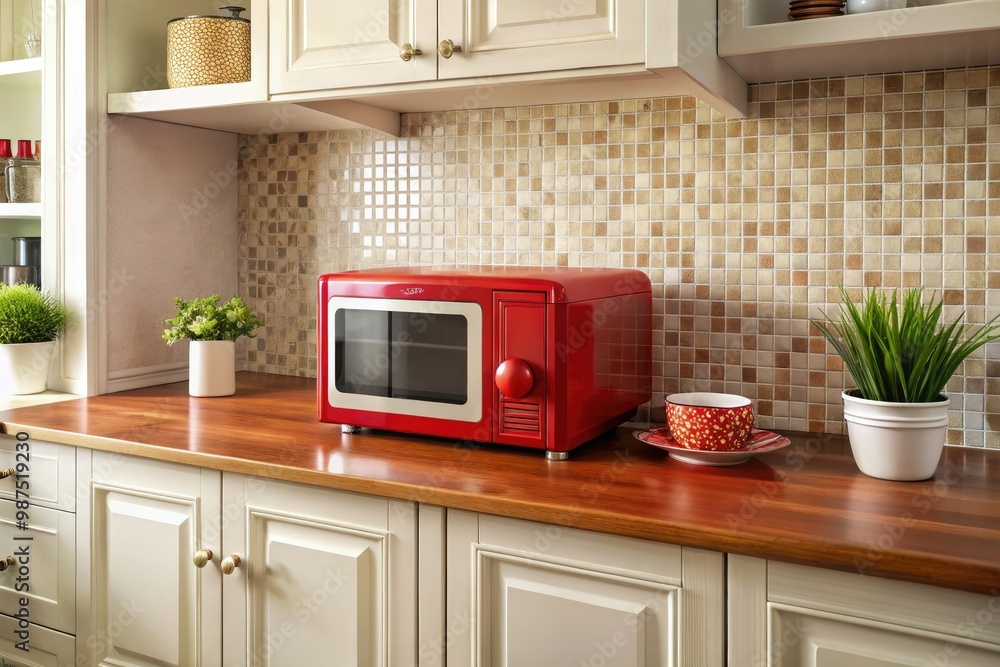 A sleek modern microwave oven sits atop a vintage-inspired kitchen counter, its bold red hue complemented by the soft glow of pendant lights and rustic tile backsplash. A sleek modern microwave oven sits atop a vintage-inspired kitchen counter, its bold red hue complemented by the soft glow of pendant lights and rustic tile backsplash.