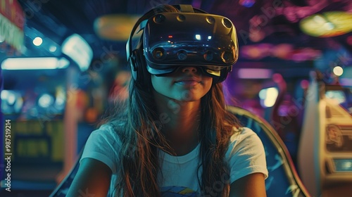 A VR gaming session with a player wearing a VR headset, fully immersed in a virtual world