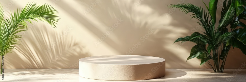 Beige Podium in Tropical Palm Background Beige Podium in Tropical Palm Background
