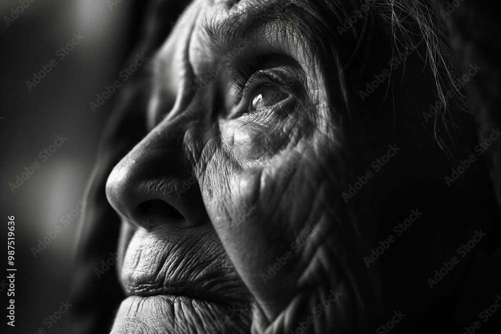 Fototapeta premium Ultra detailed close-up portrait of a sad elderly lady, black and white
