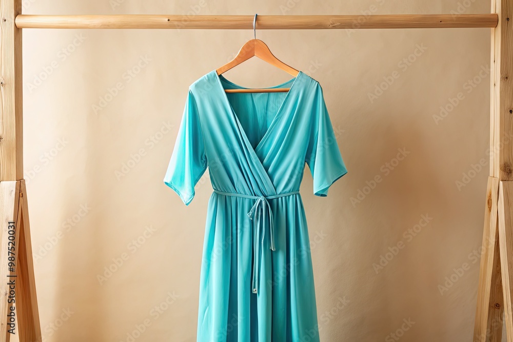 A stunning aqua blue dress drapes beautifully on a wooden hanger, set against a gentle, neutral backdrop that enhances its elegance and charm. A stunning aqua blue dress drapes beautifully on a wooden hanger, set against a gentle, neutral backdrop that enhances its elegance and charm.