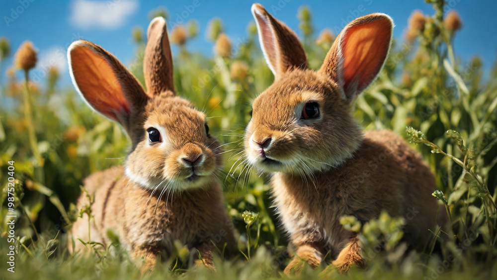 Fototapeta premium Baby rabbit chews on green grass, in a peaceful outdoor on a summer day.