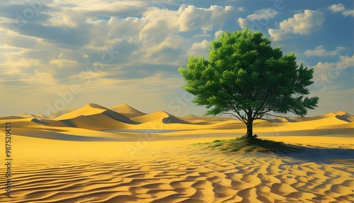 Resilient green tree amidst golden sand dunes showcases natures beauty in a harsh landscape photo