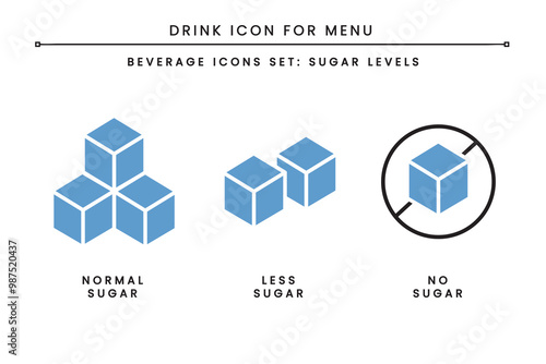 Drink Beverages Icon Set for Menu. Sugar levels. Normal sugar, less sugar, no sugar. can use symbol in menu for restaurant, coffee shop, cafe. Simple clean flat color outline isolated vector.