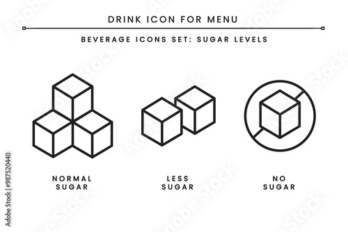 Drink Beverages Icon Set for Menu. Sugar levels. Normal sugar, less sugar, no sugar. can use symbol in menu for restaurant, coffee shop, cafe. Simple clean flat color outline isolated vector.