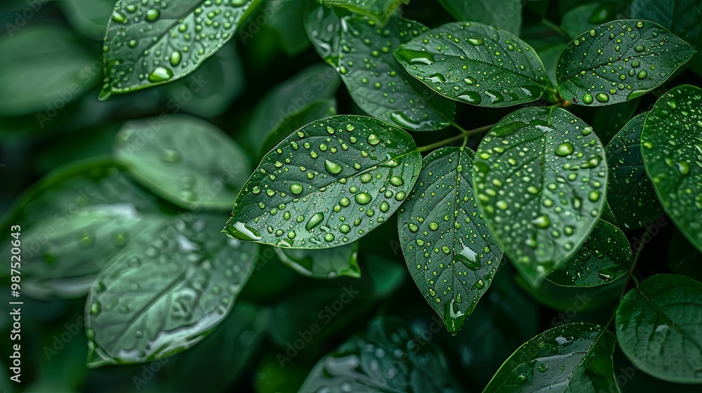 Close-up of Lush Green Leaves Covered in Raindrops Close-up of Lush Green Leaves Covered in Raindrops