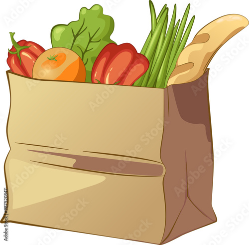 vector illustration, paper grocery bag, healthy food, vegetables, food, pepper, onion, bread, beautiful cute color illustration, image of shopping from the store