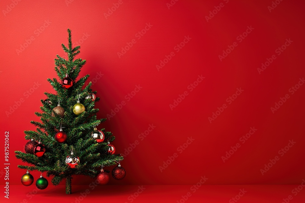Christmas tree with red and gold ornaments on red Christmas tree with red and gold ornaments on red