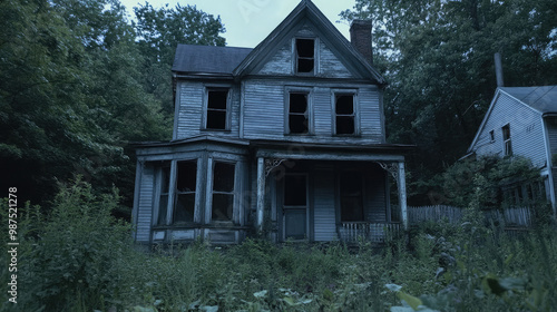 A creepy old house with a porch and a chimney photo