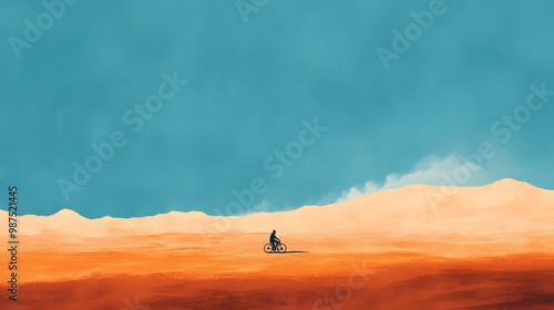 A minimal and mysterious digital painting with a single color, the sky blue, set against an orange desert landscape. A lone cyclist sits atop a small hill