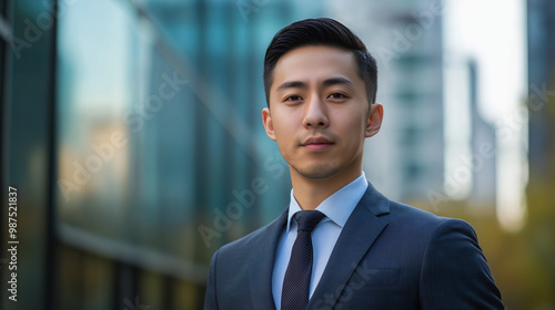 Portrait of an handsome Asian man in suit outdoors with a blurry business center in backdrop