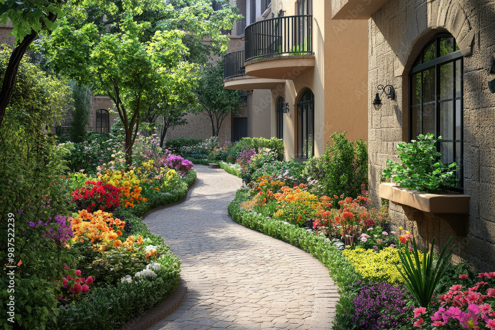 A serene and well-arranged outdoor garden area with lush greenery, colorful flowers, stone pathways leading to seating areas, and wooden benches A serene and well-arranged outdoor garden area with lush greenery, colorful flowers, stone pathways leading to seating areas, and wooden benches