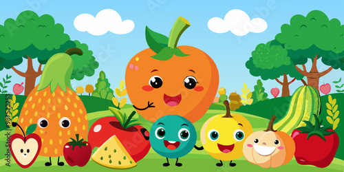 Cartoon fruits and vegetables for children book cover design. This design is perfect for kids book cover design, educational materials preparation, storybook design and many more.