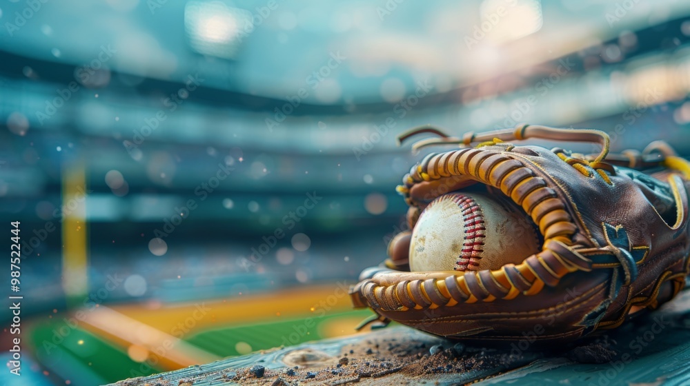 Obraz premium close-up of a baseball glove and ball resting on a bench, with a blurred view of the stadium seats in the background