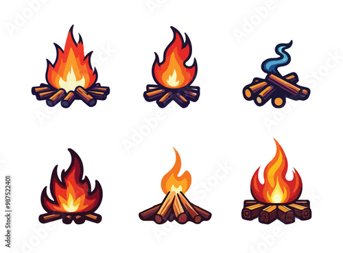 set of burning campfire flame icon vector illustration