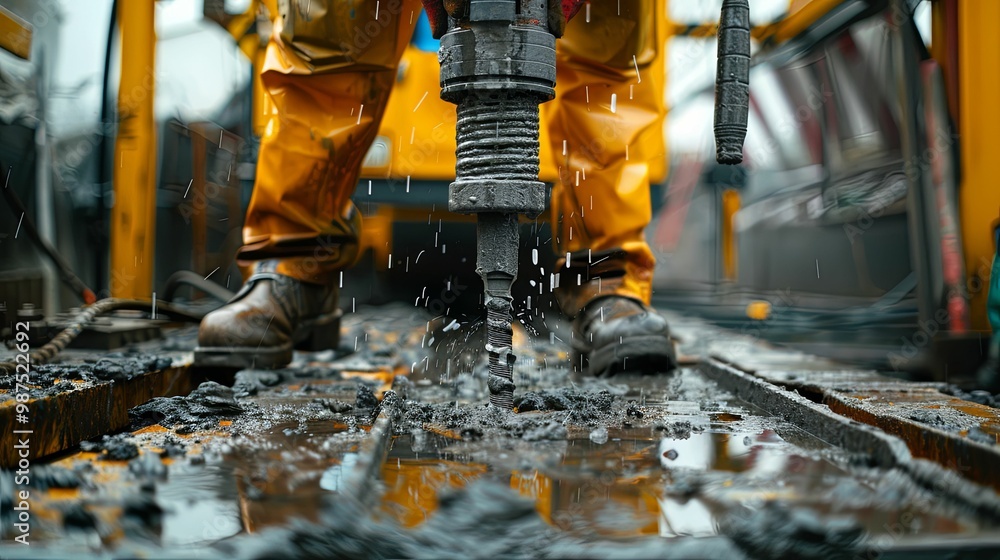 Close-up of a Worker Using a Power Drill with Water Spraying Out Close-up of a Worker Using a Power Drill with Water Spraying Out