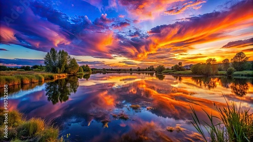 A twilight sky ablaze with orange, purple, and blue hues casts a serene glow over the evening landscape's tranquil beauty.