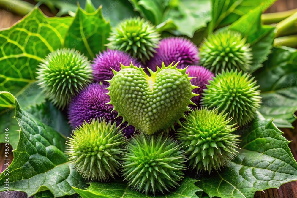 A vibrant green and regal purple prickly vegetable boasts tender, edible heart-shaped leaves for snacking and culinary delights.