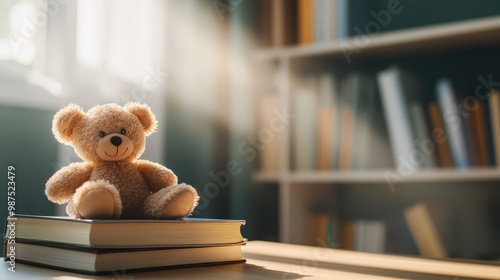 A Cute Teddy Bear Amidst Books, Encouraging Imagination and Learning in a Cozy Space Brightly Lit