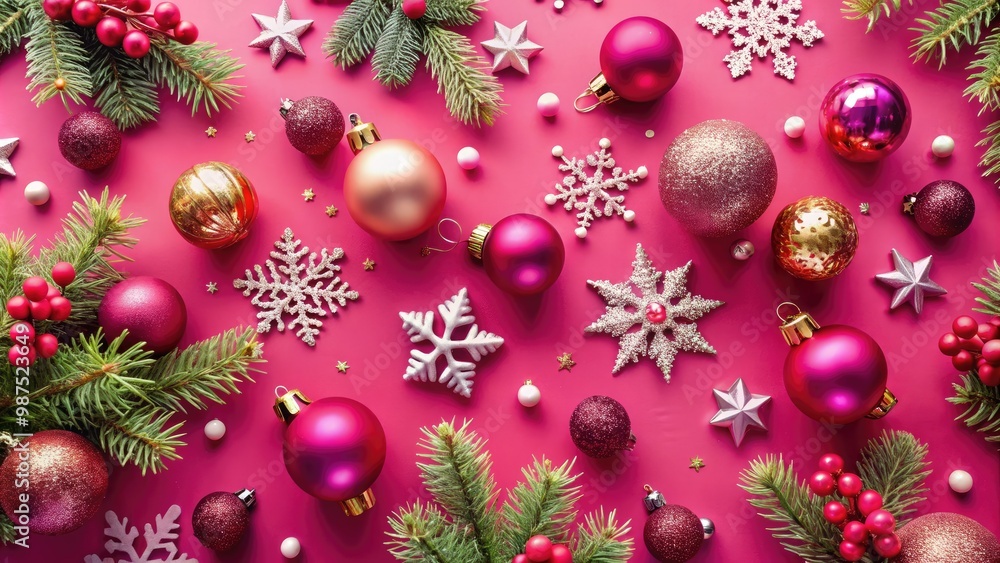 A vibrant pink Christmas backdrop adorned with sparkling ornaments, delicate snowflakes, and joyful holiday accents, creating a festive atmosphere filled with cheer and warmth. A vibrant pink Christmas backdrop adorned with sparkling ornaments, delicate snowflakes, and joyful holiday accents, creating a festive atmosphere filled with cheer and warmth.