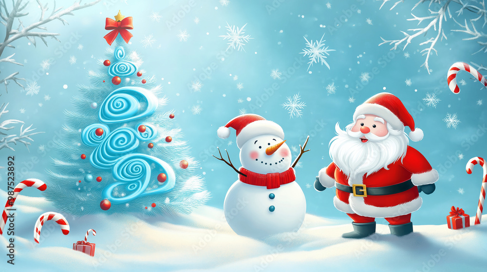 Cute Cartoon Santa Claus and Snowman with Festive Christmas Tree. Holiday greeting cards, children’s designs, or festive marketing materials. Cute Cartoon Santa Claus and Snowman with Festive Christmas Tree. Holiday greeting cards, children’s designs, or festive marketing materials.