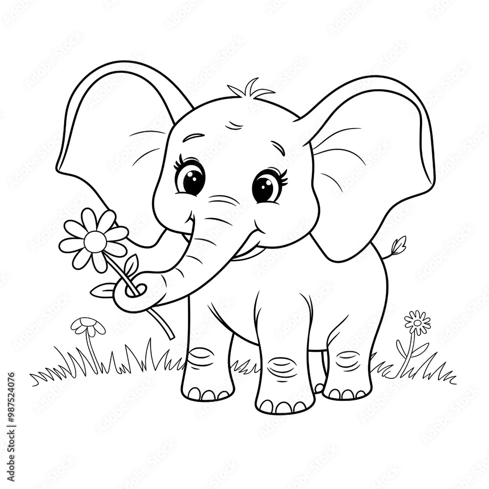 Obraz premium Cute elephant with flower in continuous line art drawing style. Minimalist black linear sketch isolated on white background for coloring book