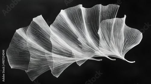   A monochromatic image depicts a broad foliage against a dark background, showcasing elongated, slender appendages photo