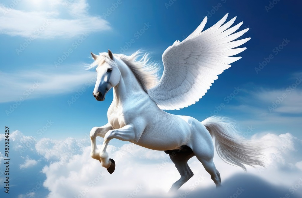 A white pegasus flies in the sky among the clouds. A white pegasus flies in the sky among the clouds.