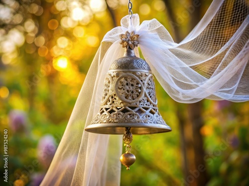 A wedding bell crafted with intricate details sparkles within a delicate veil, its gentle curves suspended in mid-air like a whispered promise.