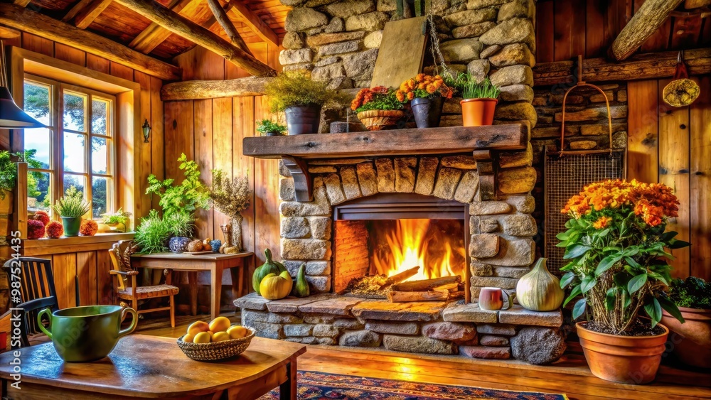 A wooden mantel enhances this rustic farm-style fireplace, becoming a focal point in the cozy country living room, perfect for warm family moments. A wooden mantel enhances this rustic farm-style fireplace, becoming a focal point in the cozy country living room, perfect for warm family moments.