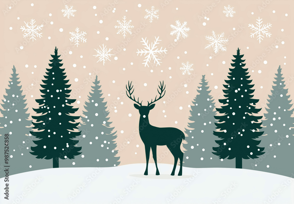 Minimalist Winter Scene with Deer, Snowflakes, and Pine Trees Minimalist Winter Scene with Deer, Snowflakes, and Pine Trees